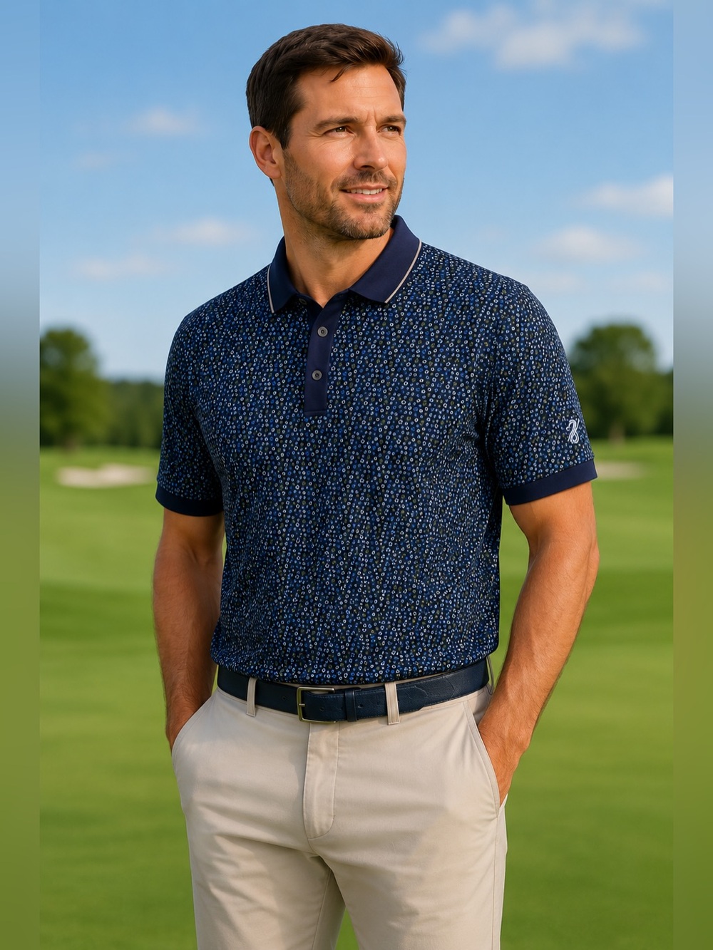 Ashworth Men’s Navy Blue Micro Floral Polo  XL
